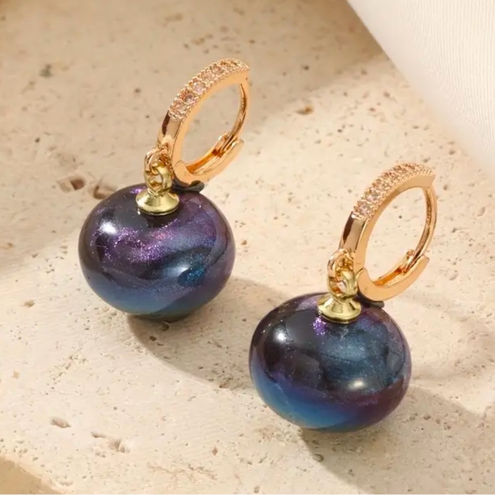 Simulated Black, Purple, Blue Tint Pearl, Zirconia, Dangle, Wedding, Earrings